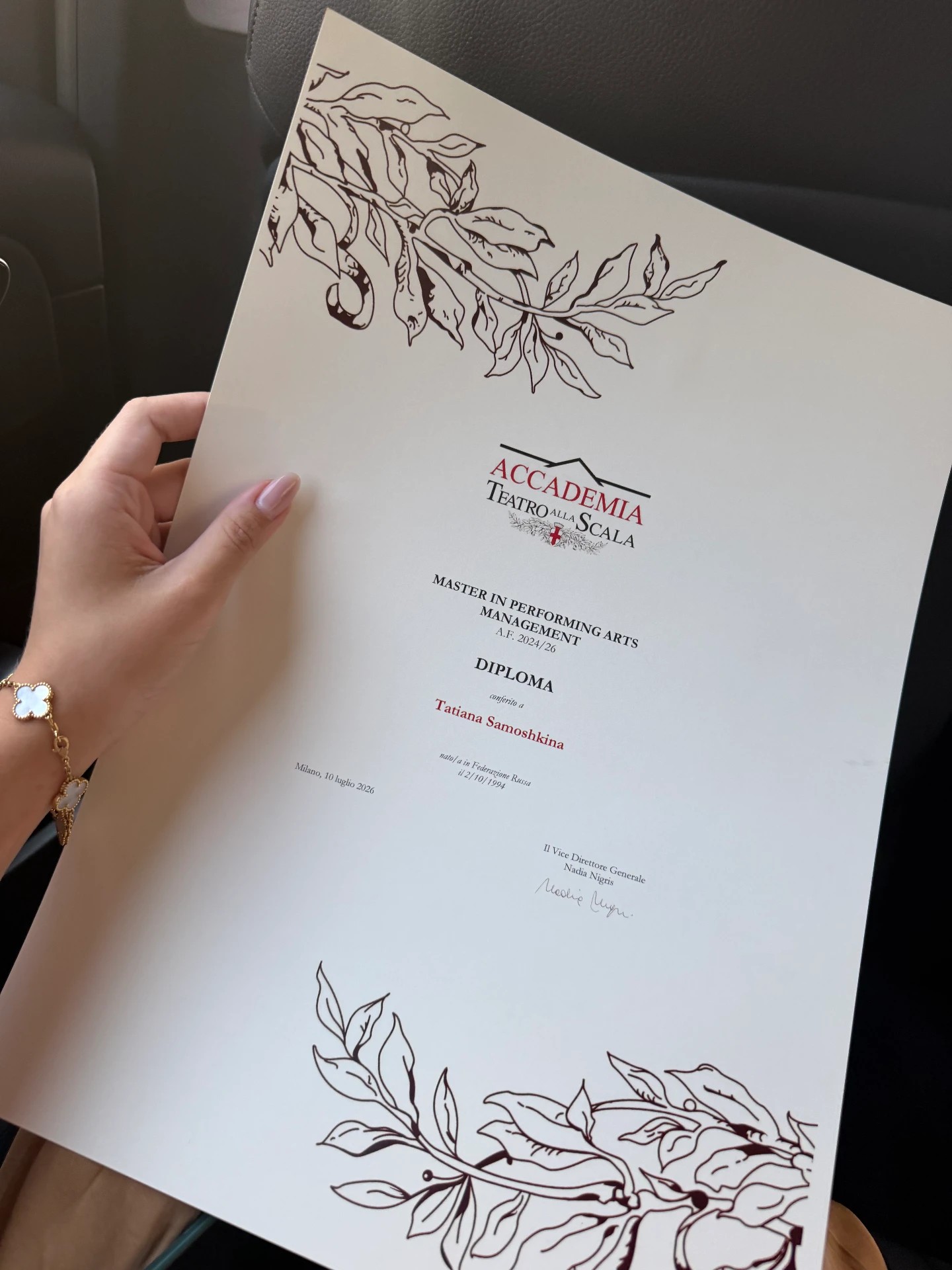 Diploma of the Master in Performing Arts Management from Accademia Teatro alla Scala awarded to Tatiana Samoshkina