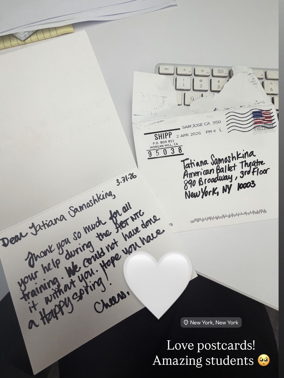 Handwritten thank-you card addressed to Tatiana Samoshkina from the students of the American Ballet Theatre National Training Curriculum